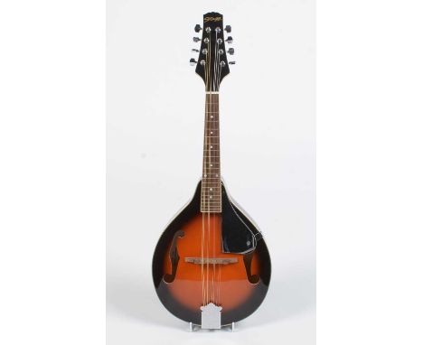 A Stagg M20 A style mandolin, black and sunburst finish.