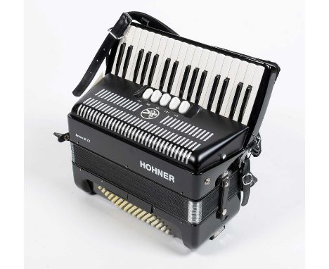 A Hohner Bravo III 72 bass piano accordion, black finish in Hohner branded soft case.