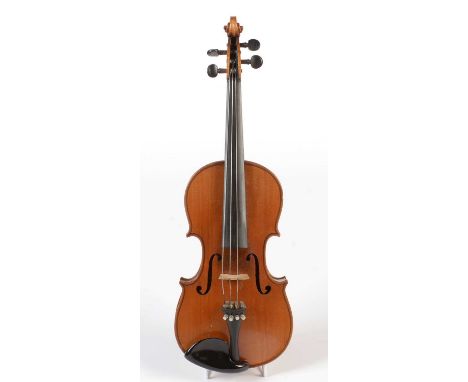 A German Dresden 3/4 size violin, with light flame two-piece back and rims, light amber varnish, length of back 33cms, cased 