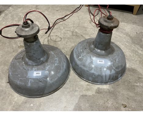 Two enamel industrial pendant lamps