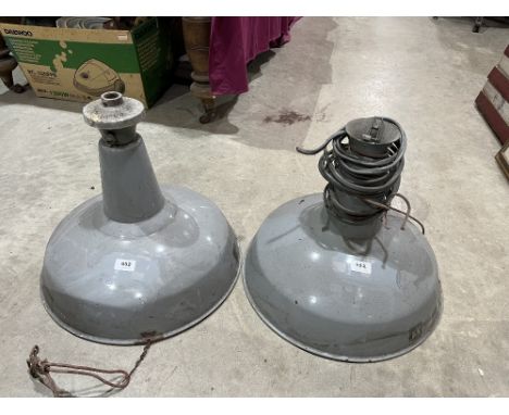 Two enamel industrial pendant lamps
