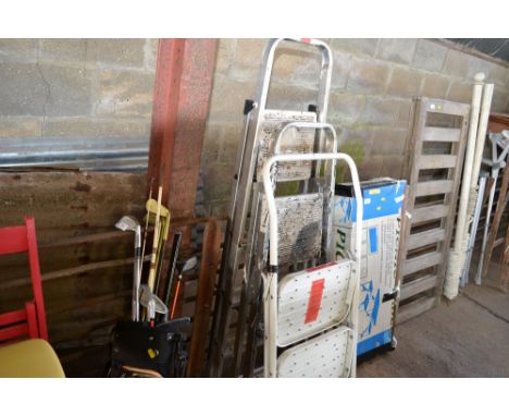 Two aluminium step ladders and one set of steps 