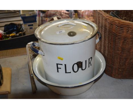 An enamel flower bin and an enamel bowl