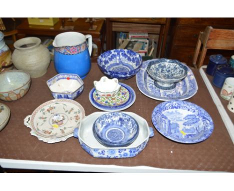 A Copeland Spode Italian patterned bowl; a floral decorated wash jug; and various other blue and white china etc.