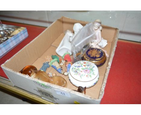 A box containing an Aynsley "Pembroke" patterned pot and cover; nativity figures; a Leonardo Collection figurine in the form 