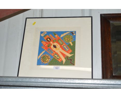 A colourful framed and glazed abstract print of a figure 