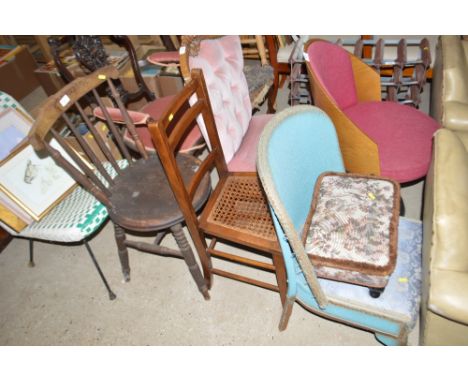 A stick back kitchen chair; a cane seated bedroom chair; a Loom chair and a small stool