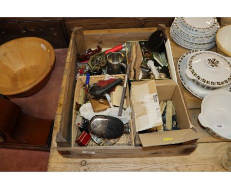 A large tray box of miscellaneous items including hip flask, butter pats, various metal ware, bone items etc.