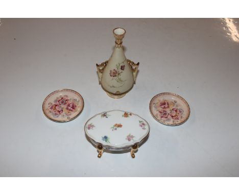 A Royal Worcester vase of floral decoration on blush ground; a Limoges porcelain trinket box and cover and two Royal Doulton 