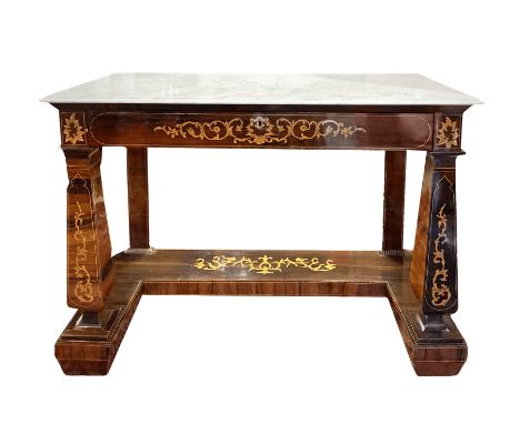 Console rosewood inlays and Perfili in orange wood, central drawer and with marble surface, front legs balustrade. Sicilia. C