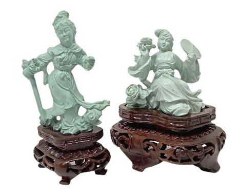 Pair of figurines in light turquoise depicting Guanyn. Canned, with pedestals. 1) 7,5 Cm, â€‹â€‹2) 8.5 cm