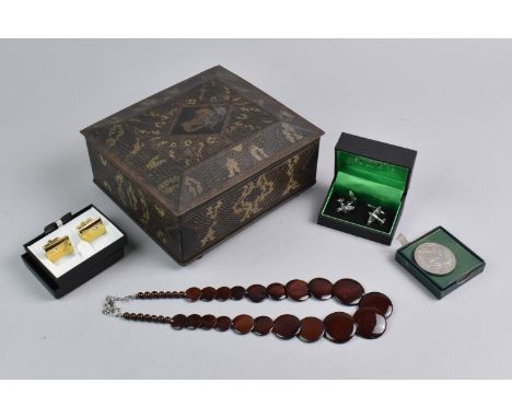 A Vintage William Crawford Biscuit Tin Containing Thomas Nash Spitfire Cufflinks, Jewelled Examples, Necklace and Crown