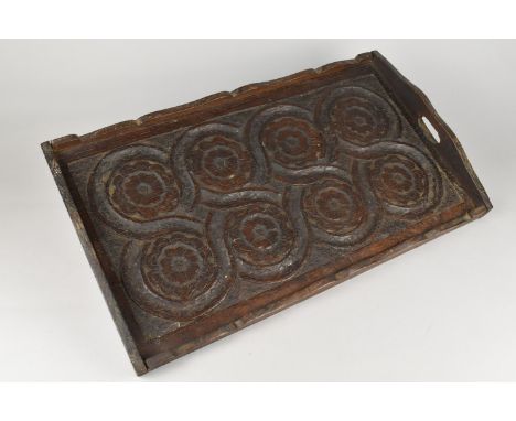 A Vintage Carved Wooden Oak Two Handled Tray, 56cms by 32cms