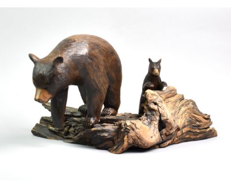A Carved Wooden Study of Bear and Cub on Tree Trunk, Signed, 42cms Wide