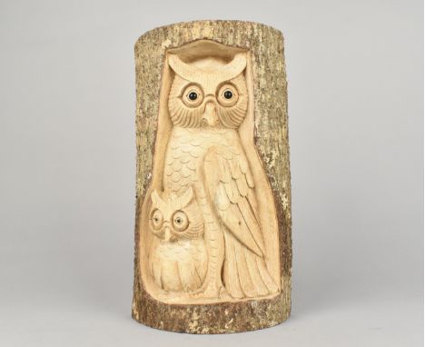 A Contemporary Carved Section of Tree Trunk Decorated with Long Eared Owl and Chick, 29cms High