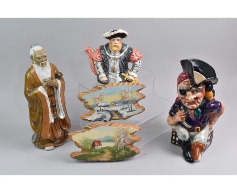 A Chinese Mudman Figure, Character Jug and Teapot and Two Painted Wooden Plaques