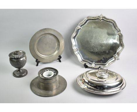 A 19th Century Pewter Desktop Pen Stand and Inkwell together with a Silver Plated Oval Entree Dish, Pewter Plate and a Presen