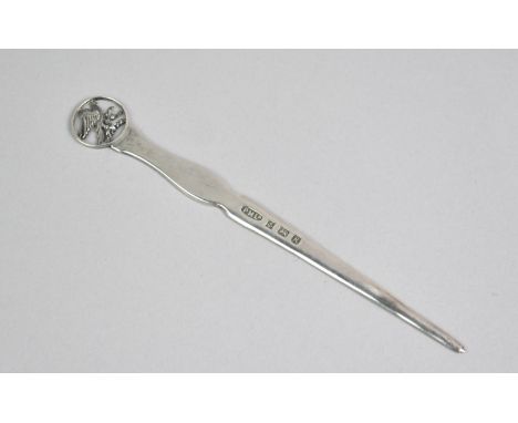 A Silver Letter Opener with Pierced Finial having Bird and Crescent Moon Decoration, Birmingham Hallmark for 1988 and Makers 