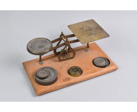 A Set of Vintage Brass Postage Scales on Wooden Plinth Base Complete with Some Unrelated Weights, 25cms Wide