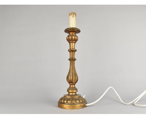 A Mid 20th Century Glt Wood Table Lamp with Push Button Switch, 43cms High
