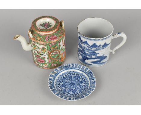 Three Pieces of Chinese Porcelain to Comprise Qing Dynasty Blue and White Tankard, 18th Century, Decorated with River Village