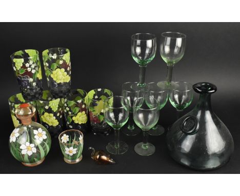 A Collection of Various Coloured Glass to Comprise Hand Painted Beakers, Decanter and Matching Glass, Green Glass Bottle and 