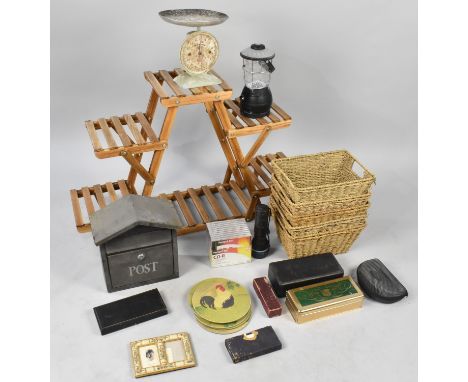 A Collection of Various Sundries to Comprise Stand, Wicker Baskets, Post Box, Pan Scales etc