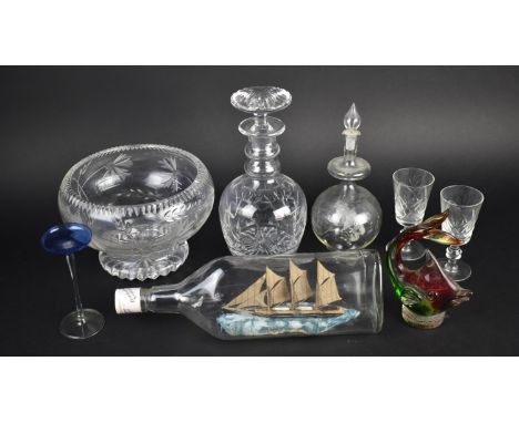 A Collection of Various Glass Items to include Ship in a Bottle, Coloured Glass Fish,Footed Bowl, Decanter Etc