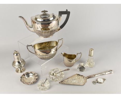 A Collection of Various Silver Plate to Comprise Three Piece Service, Cake Slice Sifter, Silver Mounted Glass Bottle, Glass C