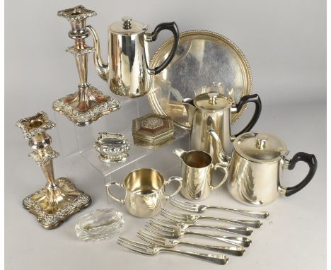 A Collection of Various Silver Plate to Comprise Five Piece Tea Service, Walker and Hall Circular Tray, Sheffield Plated Cand