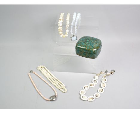 A Kashmiri Type Box Containing a Collection of Various Necklaces to include Mother of Pearl, Opaline, Coral and Pearl etc