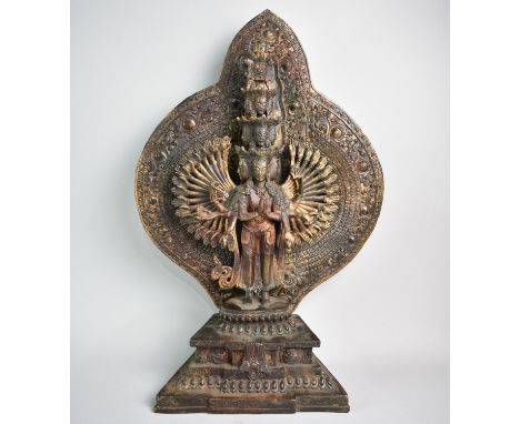 A Large Patinated Bronze Chinese Buddhist Avalokiteshvara Statue with Back Plate on Stepped Lotus Throne Base, 47cms High