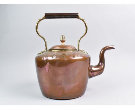 A Late Victorian/Edwardian Copper Kettle with Thistle and Fruit Decoration, 30cms High