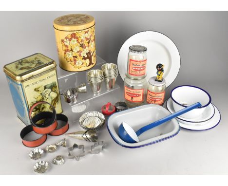 A Collection of Various Vintage Kitchenalia to Comprise Enamelled Pans, Tins, Moulds, Robertson's Jars, Band Figure etc (Some