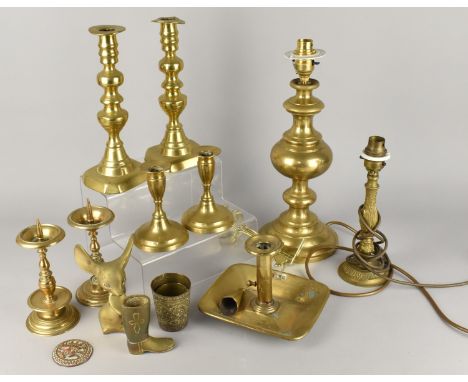 A Collection of Various 19th and 20th Century Brass to Comprise Candlesticks, Bedchamber Stick, Lamp Bases etc