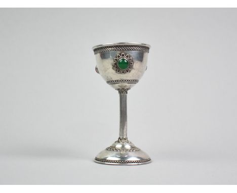 A Silver Kiddush Cup having Three Coloured Cabochon Jewels, Amethyst, Jade Type and Carnelian, and Filigree Decoration, Stamp