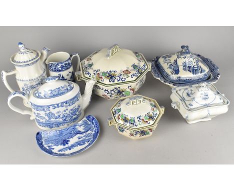A Collection of Various Transfer Printed Ceramics to Comprise Spode Blue and White Teapot, Tureens, Willow Pattern etc