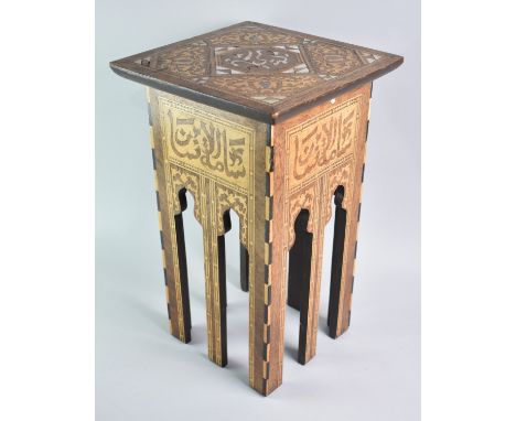 An Islamic Square Topped Stand with Inlay and Mother of Pearl Decoration, 28cms Wide and 47cms High