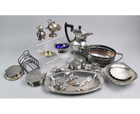 A Collection of Various Silver Plate to include Coffee Pot, Helmet Shaped Sugar Scuttle, Silver Plated Coasters, Baskets Etc
