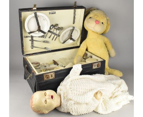 A Vintage Wander Picnic Hamper Together with a Rabbit Soft Toy and Doll