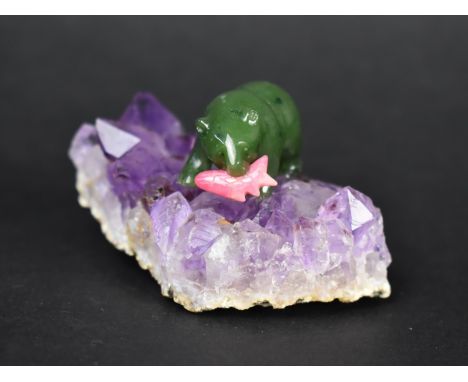 A Miniature Study of Bear with Fish in Polished Canadian Jade Set on Amethyst Geode Base, 7cms Long