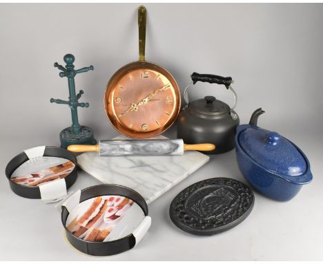 A Collection of Various Contemporary Kitchinalea to Comprise Marble Board and Rolling Pin, Kettle Stand, Copper Pan Clock etc