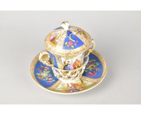 An Early 20th Century Dresden Porcelain Trembleuse Chocolate Cup and Saucer Decorated with Alternating Panels Hand Painted wi