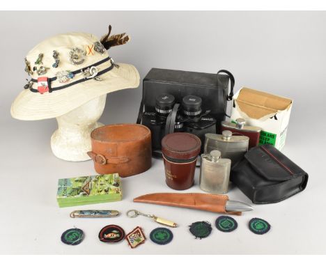 A Collection of Various Vintage and Later Items to Comprise Bucket Hat with Souvenir Metal Pin Badges, Hohner Harmonica, Trav
