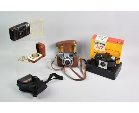 A Leather Cased Agfa 35mm Camera, Brownie 127, Zeiss Ikon Light Meter and Miranda Solo Camera