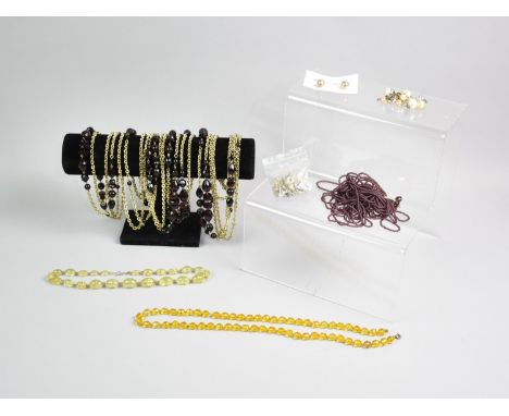 Various Cherry, Citrine, Lemon and Amber Glass Coloured Bead Necklaces, Some on Gold Tone Chains, Silver Mounted Simulated Pe