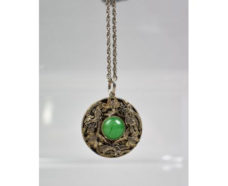 A Silver Chinese Export Filigree Work Pendant on Chain, Mythical Animals and Foliage, Central Jade Cabochon, Signed to Back, 