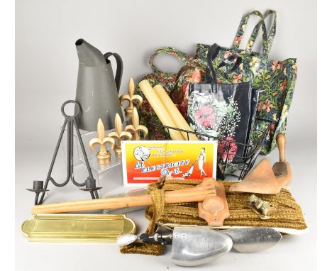 A Collection of Various Sundries to Include Gate Finials, Patterned Tote Bags, Shoe Trees etc