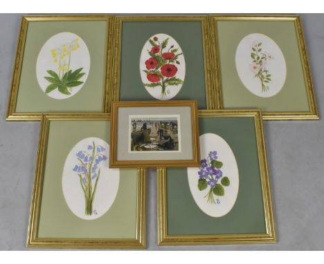 A Set of Five Botanic Watercolours and a Print