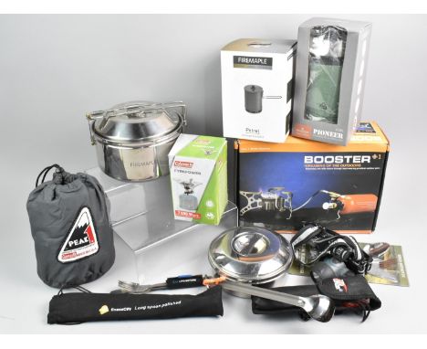 A Collection of Various Camping Items to Include Stove, Ultralite Pots, Pioneer Flask, Coleman Stove Etc